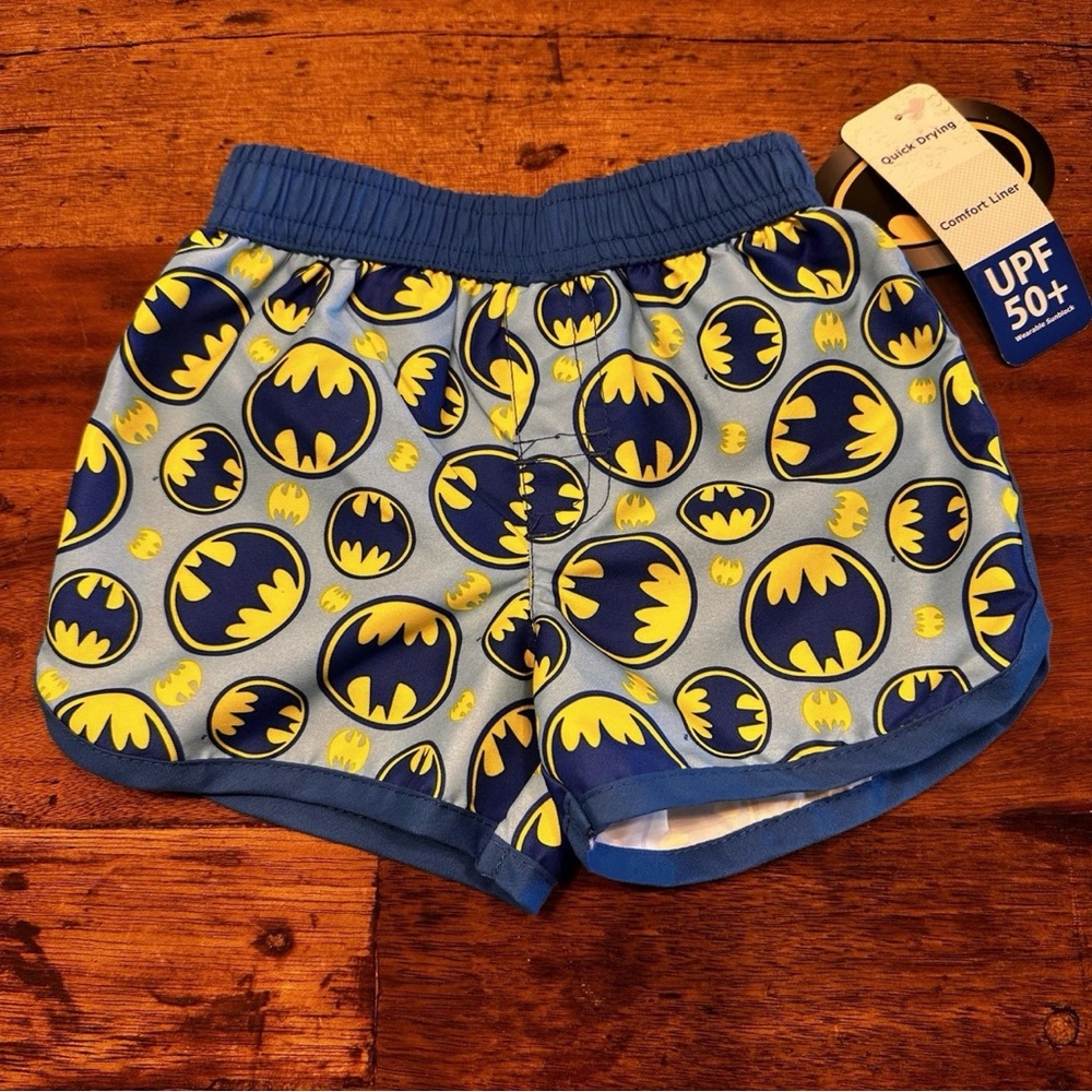 Batman Baby Boy 3-6 mo Swimming Trunks Blue Yellow logo Shorts Summer Beach NWT